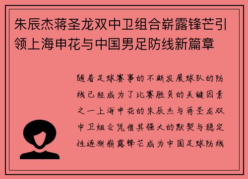 朱辰杰蒋圣龙双中卫组合崭露锋芒引领上海申花与中国男足防线新篇章